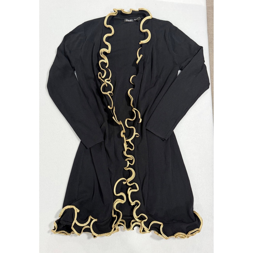 Stera Womens Black Gold Metallic Ruffle Trim Open Front Cardigan Sweater Medium
